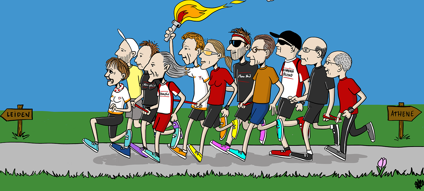 Tekening van een loopgroep van lopers met een visuele beperking en buddy's