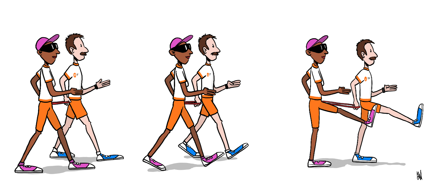 Tekening van loper en buddy in synchroonpas naast elkaar