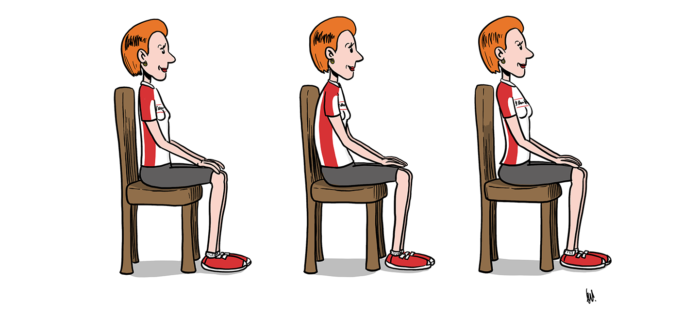 Tekening van een vrouw in sportkleding die op een stoel zit